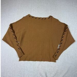 Magaschoni Women Brown Medium Lace Up Ribbed Scoop Neck Sweater Black Stitching